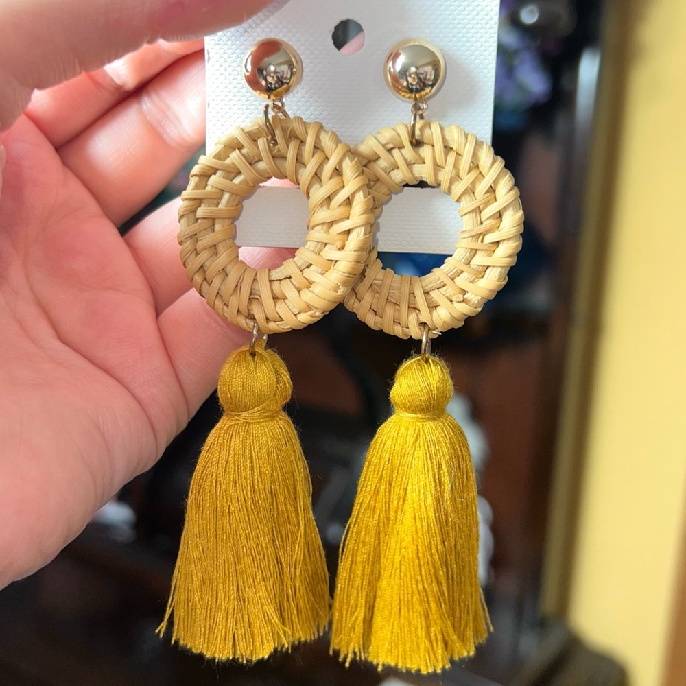 (NEW) Fringe Tassel Boho Earrings Drop Earrings Mustard Yellow Bohemian